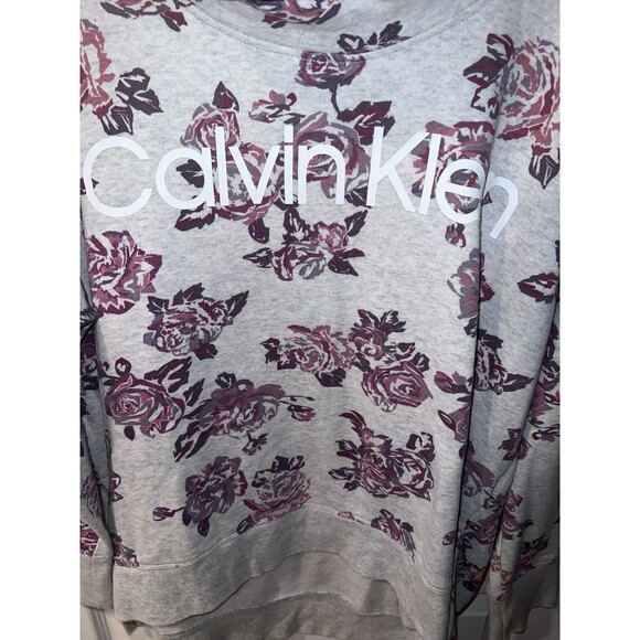 Calvin Klein Sweatshirt Womens XL Gray Cowl Neck Logo Floral AOP Roses - Picture 2 of 8